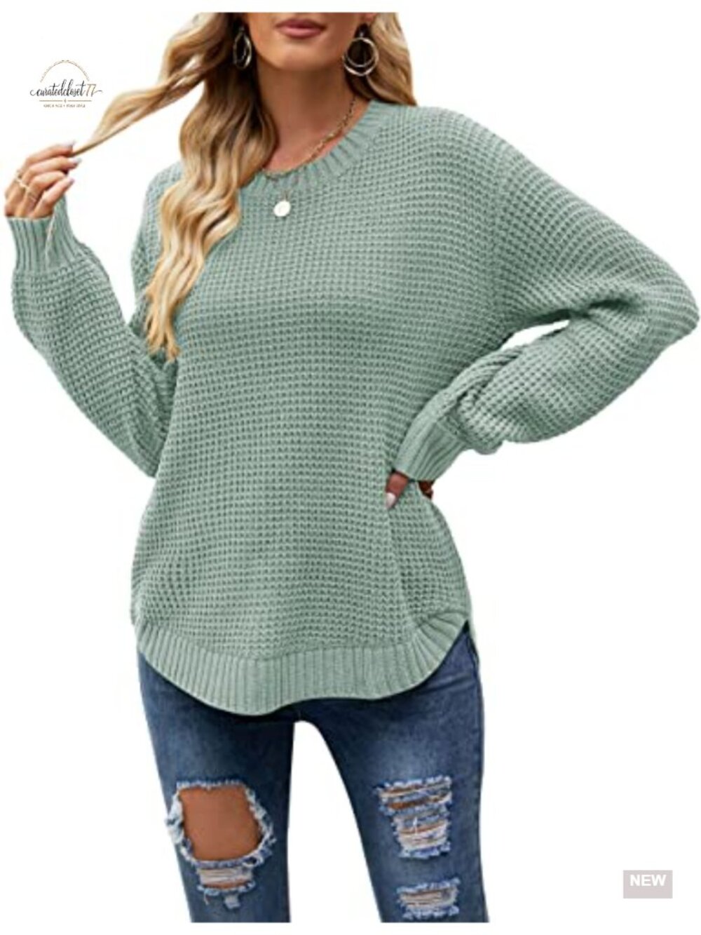 Waffle Knit Oversized Sweater Long Lantern Sleeve Crew Neck Pullover